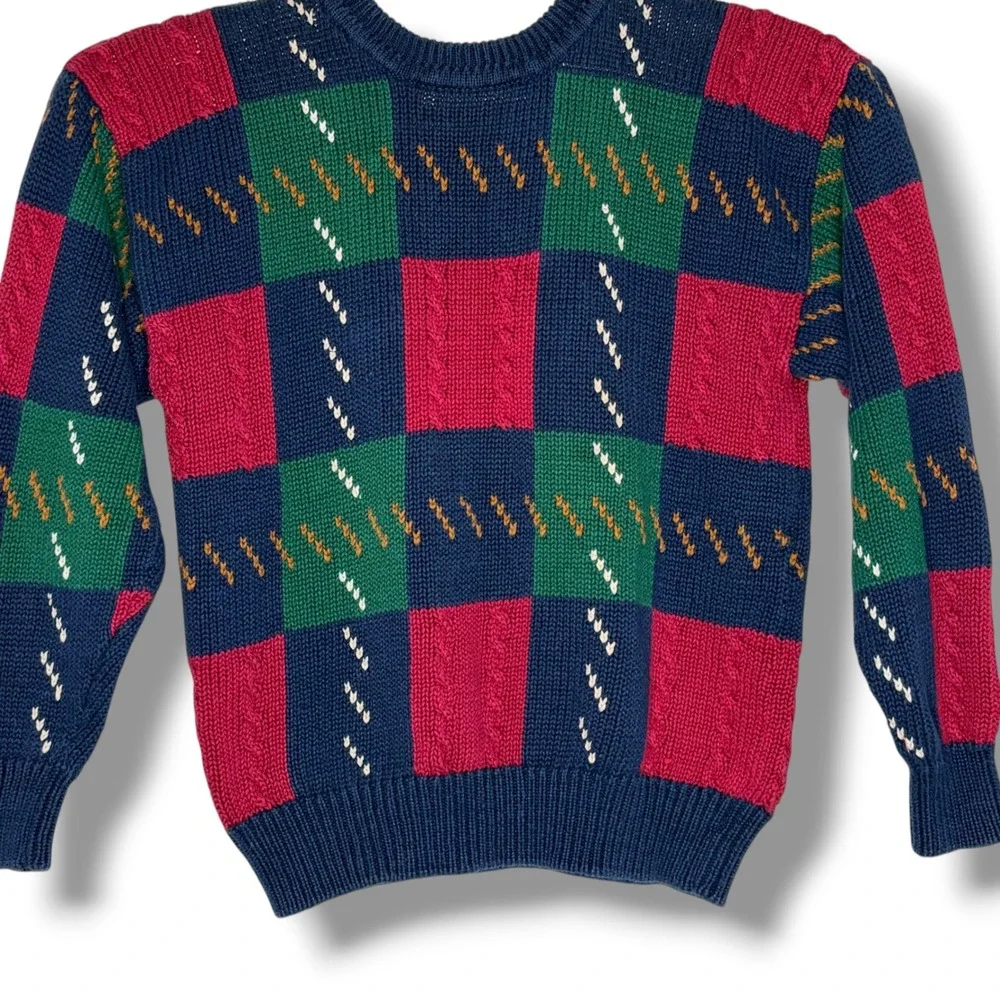 Vintage St Johns Bay Mens Large Navy Red Green Plaid Cable Knit Sweater Textured